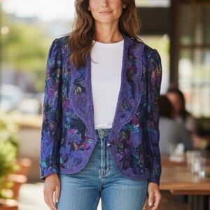 Purple Floral Lace-Trim Open Blazer - Women’s